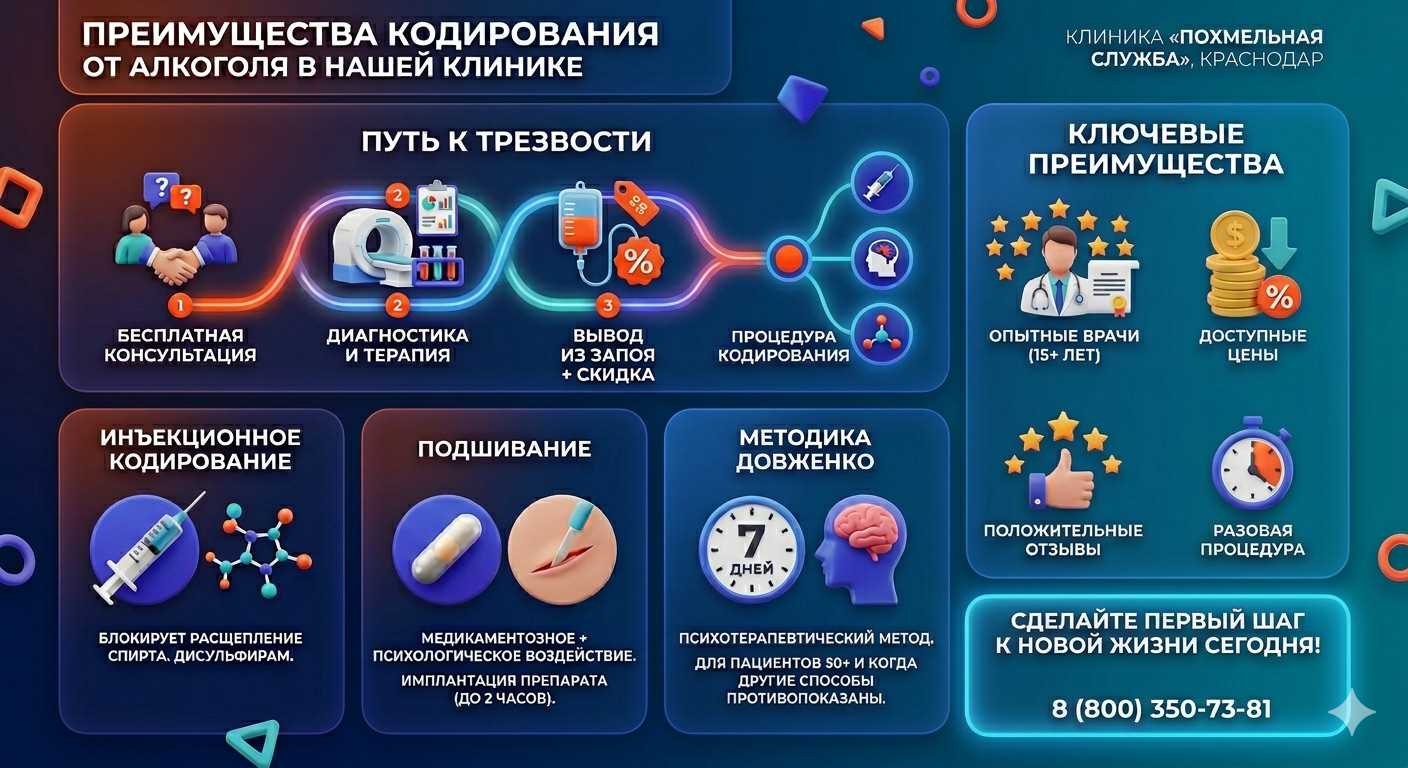 Инфографика о методах кодирования от алкоголя в Красноусольском: инъекции, подшивание, метод Довженко. Преимущества клиники и этапы лечения.