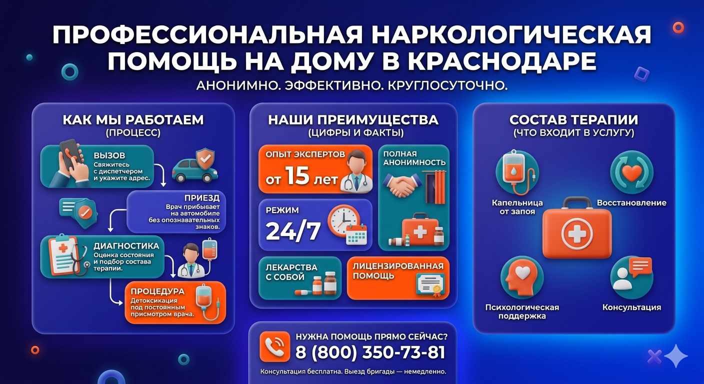 Инфографика о принципах лечения алкоголизма на дому в Красноусольском: этапы вызова нарколога, преимущества анонимной детоксикации и состав медицинской помощи.
